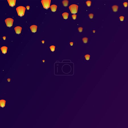 Téléchargez les illustrations : Carte du festival Yi Peng. Thaïlande vacances avec lanterne en papier lumières volant dans le ciel nocturne. Fête traditionnelle de Yi Peng. Illustration vectorielle sur fond dégradé violet. - en licence libre de droit