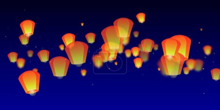 Carte du festival Yi Peng. Thaïlande vacances avec lanterne en papier lumières volant dans le ciel nocturne. Fête traditionnelle de Yi Peng. Illustration vectorielle sur fond bleu foncé.