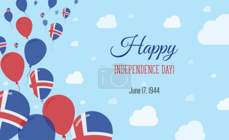 Iceland Independence Day Sparkling Patriotic Poster. Row of Balloons in Colors of the Icelander Flag. Greeting Card with National Flags, Blue Skyes and Clouds.