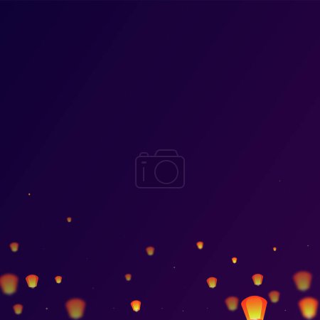 Chiang Mai celebration of Loy Krathong. Thailand holiday with paper lantern lights flying in the night sky. Chiang Mai cultural tradition. Vector illustration on purple gradient background.