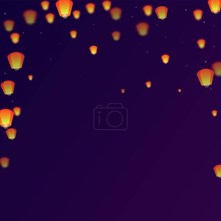 Téléchargez les illustrations : Carte du festival Yi Peng. Thaïlande vacances avec lanterne en papier lumières volant dans le ciel nocturne. Fête traditionnelle de Yi Peng. Illustration vectorielle sur fond dégradé violet. - en licence libre de droit