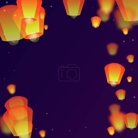 Téléchargez les illustrations : Lanternes du ciel flottant dans le ciel nocturne. Thaïlande vacances avec lanterne en papier lumières volant dans le ciel nocturne. Fête du ciel lanterne. Illustration vectorielle sur fond dégradé violet. - en licence libre de droit