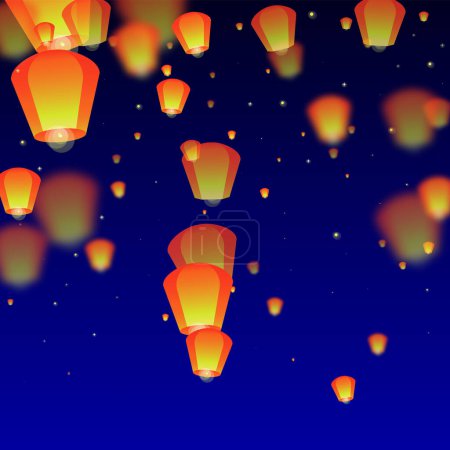 Loy krathong carte de festival. Thaïlande vacances avec lanterne en papier lumières volant dans le ciel nocturne. Fête de Loy Krathong. Illustration vectorielle sur fond bleu foncé.