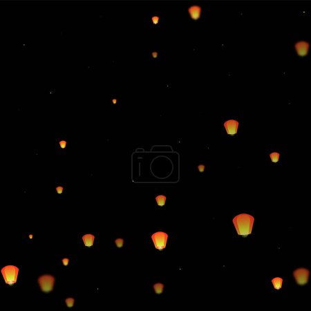 Faroles del cielo flotando en el cielo nocturno. Tailandia vacaciones con luces de linterna de papel volando en el cielo nocturno. Celebración del festival Sky Lantern. Ilustración vectorial sobre fondo negro.