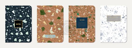 Diseño de portada de cuaderno escolar. Fondo abstracto de terrazo hecho de piedras naturales, granito, cuarzo y mármol. Plantilla de cuaderno de escuela de textura de terrazo veneciano.