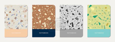 Diseño de portada de cuaderno. Fondo abstracto de terrazo hecho de piedras naturales, granito, cuarzo y mármol. Plantilla de portada de textura de terrazo veneciano.