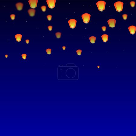 Téléchargez les illustrations : Carte du festival Yi Peng. Thaïlande vacances avec lanterne en papier lumières volant dans le ciel nocturne. Fête traditionnelle de Yi Peng. Illustration vectorielle sur fond bleu foncé. - en licence libre de droit