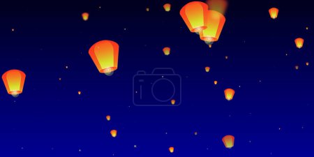 Téléchargez les illustrations : Chiang Mai fête Loy Krathong. Thaïlande vacances avec lanterne en papier lumières volant dans le ciel nocturne. Chiang Mai tradition culturelle. Illustration vectorielle sur fond bleu foncé. - en licence libre de droit