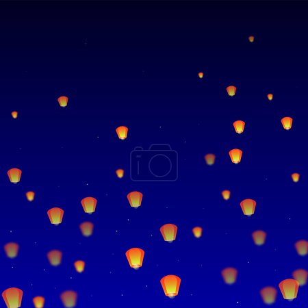 Loy krathong festival card. Thailand holiday with paper lantern lights flying in the night sky. Loy Krathong celebration. Vector illustration on dark blue background.