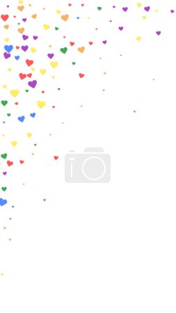 Corazones voladores para el día de San Valentín. Corazones dispersos de color arco iris. Tarjeta de San Valentín LGBT. Hermosa ilustración vector corazones voladores.