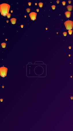 Yi peng festival card. Thailand holiday with paper lantern lights flying in the night sky. Traditional Yi Peng celebration. Vector illustration on purple gradient background.