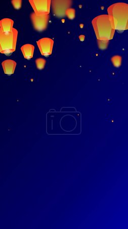 Carte du festival Yi Peng. Thaïlande vacances avec lanterne en papier lumières volant dans le ciel nocturne. Fête traditionnelle de Yi Peng. Illustration vectorielle sur fond bleu foncé.