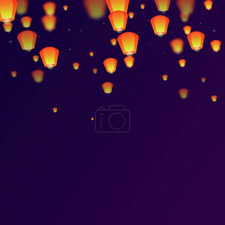 Tarjeta del festival de Yi Peng. Tailandia vacaciones con luces de linterna de papel volando en el cielo nocturno. Celebración tradicional de Yi Peng. Ilustración vectorial sobre fondo de gradiente púrpura.