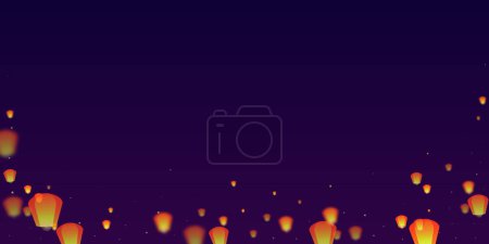 Yi peng festival card. Thailand holiday with paper lantern lights flying in the night sky. Traditional Yi Peng celebration. Vector illustration on purple gradient background.
