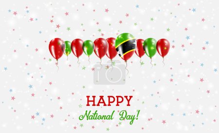 Affiche patriotique étincelante du jour de l'indépendance de Saint-Kitts-et-Nevis. Rangée de ballons dans les couleurs du drapeau Kittien et Nevisien. Carte de voeux avec drapeaux nationaux, confettis et étoiles.