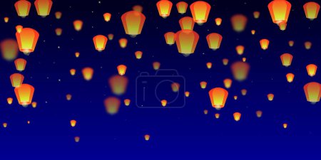 Tarjeta del festival de Yi Peng. Tailandia vacaciones con luces de linterna de papel volando en el cielo nocturno. Celebración tradicional de Yi Peng. Ilustración vectorial sobre fondo azul oscuro.