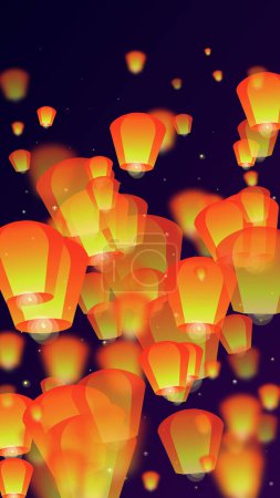 Lanternes du ciel flottant dans le ciel nocturne. Thaïlande vacances avec lanterne en papier lumières volant dans le ciel nocturne. Fête du ciel lanterne. Illustration vectorielle sur fond dégradé violet.