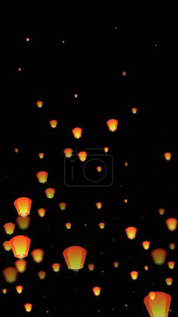 Tarjeta del festival de Yi Peng. Tailandia vacaciones con luces de linterna de papel volando en el cielo nocturno. Celebración tradicional de Yi Peng. Ilustración vectorial sobre fondo negro.