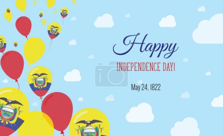 Ecuador Independence Day Sparkling Patriotic Poster. Row of Balloons in Colors of the Ecuadorean Flag. Greeting Card with National Flags, Blue Skyes and Clouds.
