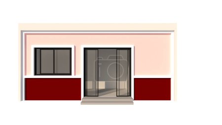 Ein einziges minimales Haus, rosa Farbe Isoliert auf weißem Hintergrund. Illustration 3D-Rendering.