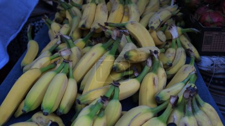 Foto de Plátanos inmaduros en una bandeja en una frutería. - Imagen libre de derechos