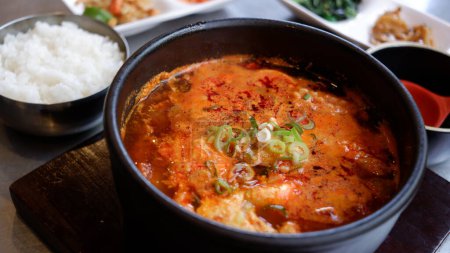 Korean spicy seafood soft tofu stew.