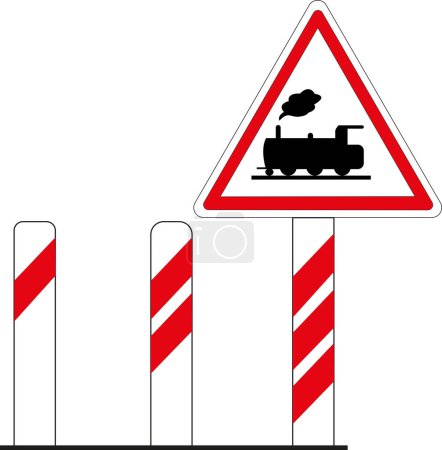 French road sign, level crossing without barrier and warning beacons