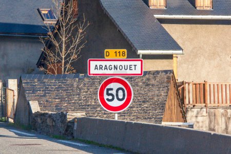 Road sign indicating the entrance to the village of Aragnouet in the Hautes-Pyrnes department