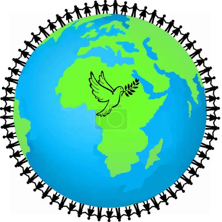 Téléchargez les illustrations : Hommes et femmes qui se tiennent la main autour de la Terre avec logo colombe de la paix - en licence libre de droit