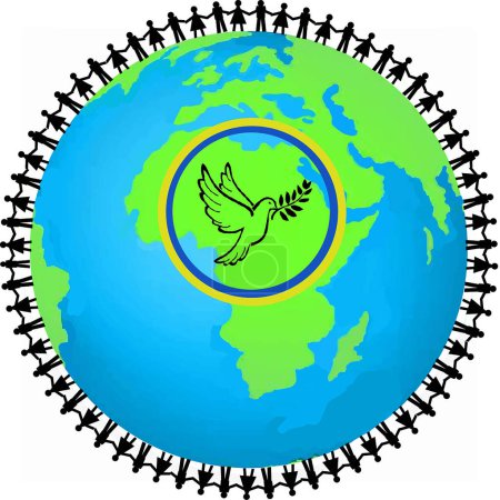 Ilustración de Hommes et femmes qui se tiennent la main autour de la Terre avec logo colombe de la paix et couleurs ukrainiennes en cercle autour de la colombe - Imagen libre de derechos