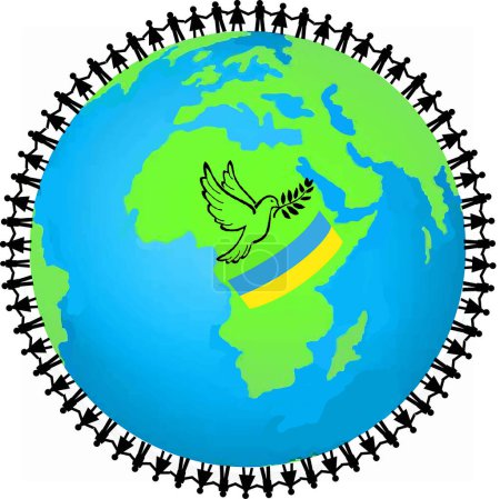 Ilustración de Hommes et femmes qui se tiennent la main autour de la Terre avec logo colombe de la paix et couleurs ukrainiennes au dessous - Imagen libre de derechos