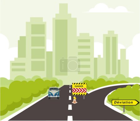 Ilustración de Señal de tráfico francesa: Desvío, carretera bloqueada, obras de carreteras y edificios en segundo plano - Imagen libre de derechos