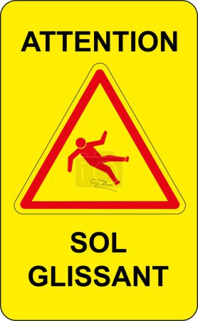 Rectangular sign on yellow background with inner triangle with red border and French text: sol glissant