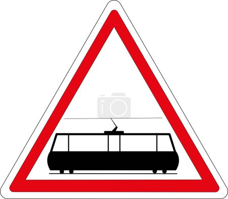 Französisches dreieckiges Straßenschild mit weißem Hintergrund und roter Einfassung: Straßenbahnübergang