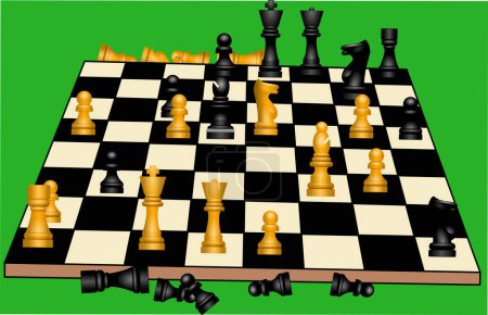 Illustration for Chessboard and chess pieces on green background - Royalty Free Image