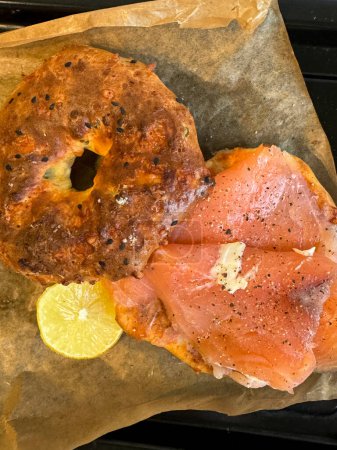 Smoked salmon with cottage bagle for breakfast. High quality photo