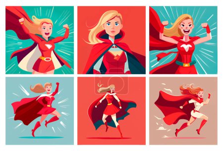 Ilustración de Set vector ilustración de la mujer de gran alcance en vestido de héroe rojo sensación de poder. - Imagen libre de derechos