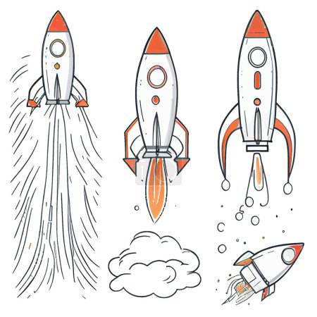 vector set illustration in cartoon line style of rocket .