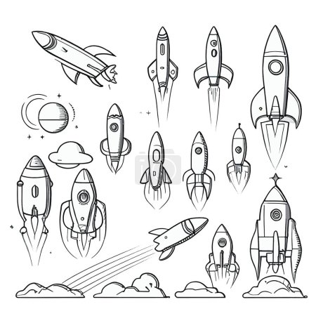 vector set illustration in cartoon line style of rocket .