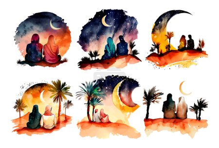 set vector watercolor illustration of muslim couple in desert looking at crescent.