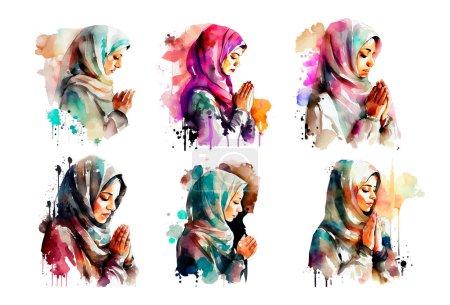 set watercolor illustration of muslim woman in hijab ramadan concept