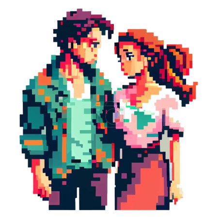 Pixel-Cartoon-Stil Paar verliebt isoliert auf weißem Hintergrund. Cartoons flache Vektorillustration.