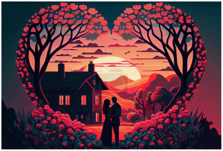 Illustration for Sticker cartoon style couple in love at heart frame at sunset background . - Royalty Free Image