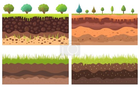 set vector illustration of soil layers green grass, ground isolate on white.