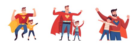 Illustration for Set vector illustration of dad playing with his kid in super hero isolate on white. - Royalty Free Image