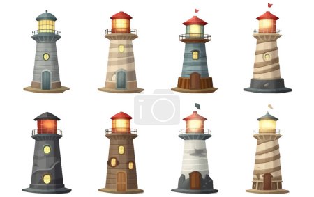 ui set vector illustration of lighthouse coastal radar isolated on white background.