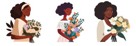 Téléchargez les illustrations : Ensemble illustration vectorielle de femme heureuse prête à être une femme avec fleur dans les mains isolées. - en licence libre de droit