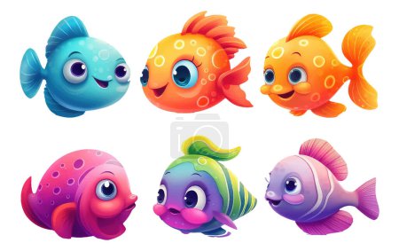 Set vector illustration of bright color fish with cute eyes isolated on white background.