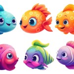 Set vector illustration of bright color fish with cute eyes isolated on white background.