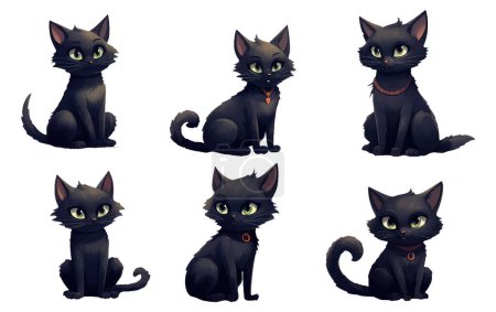 Set Vektor Illustration der magischen schwarzen Katze Halloween-Konzept isoliert auf weißem Hintergrund.